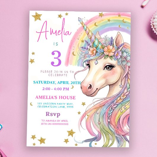 Invitation Anniversaire Licorne Éditable Magique C