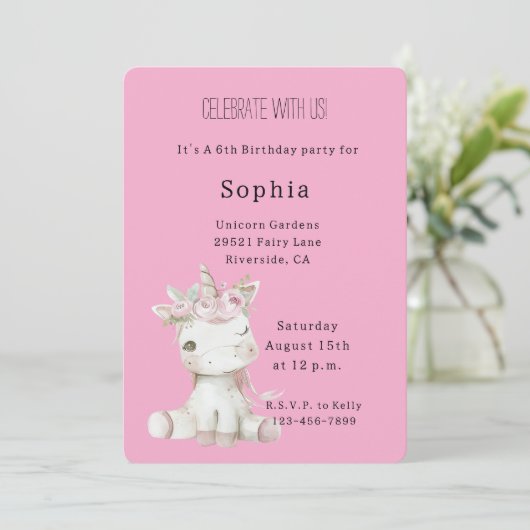 Invitation Anniversaire Licorne Fleurie Rose (Debout devant)