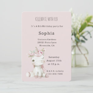 Invitation Anniversaire Licorne Fleurie Rose Pâle