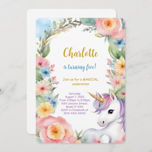 Invitation Anniversaire Licorne Florale (Devant / Derrière)