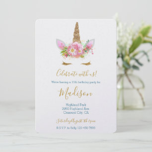 Invitation Anniversaire Licorne Florale Rose Cils Pailletés O