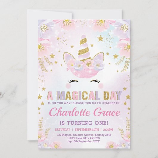 Invitation Anniversaire Licorne Magique / Floral P (Devant)
