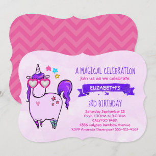 Invitation Anniversaire Licorne Mignonne avec Lunettes en For