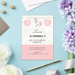 Invitation Anniversaire Licorne Rose Mignonne 1 an