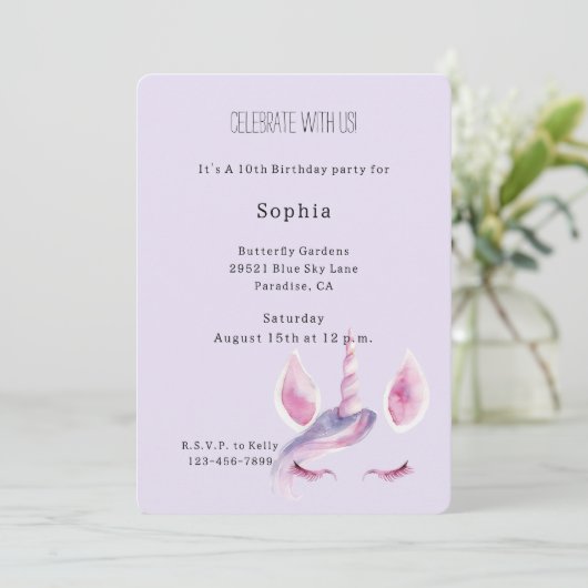 Invitation Anniversaire Licorne Rose Violet (Debout devant)
