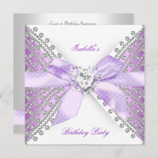 Invitation Anniversaire Lilac Purple Silver White Diamond (Devant / Derrière)