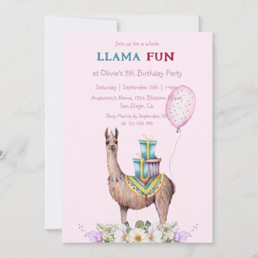 Invitation Anniversaire Llama (Devant)