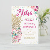 Invitation Anniversaire Luau Floral Tropical Rose Gold Pineap (Debout devant)