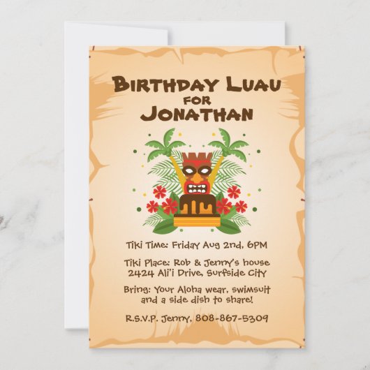 Invitation Anniversaire Luau Tropical Hawaiian Tiki Bar BBQ P (Devant)