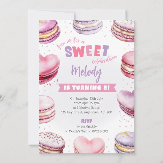 Invitation Anniversaire Macaron en forme de Cœur C (Devant)