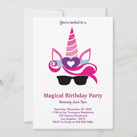 Invitation Anniversaire magique de licorne (Devant)