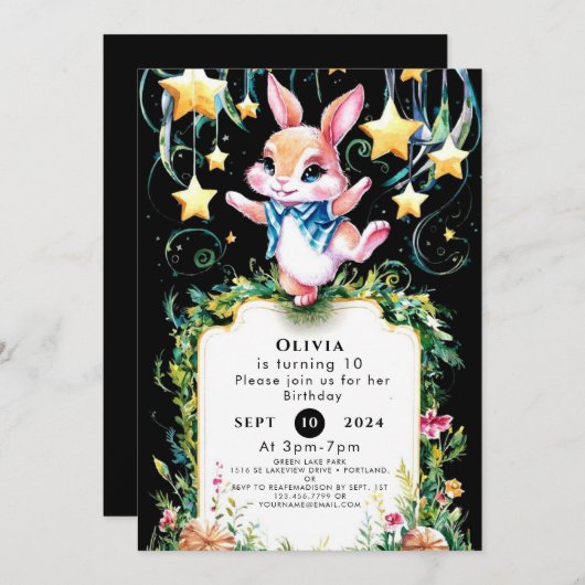 Invitation Anniversaire magique du lapin des bois (Devant / Derrière)