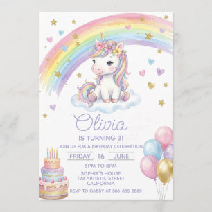 Invitation Anniversaire Magique Licorne Arc-en-ciel Pastel Fé