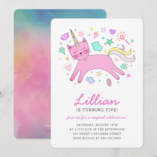 Invitation Anniversaire magique mignon de Caticorn | (Devant / Derrière)