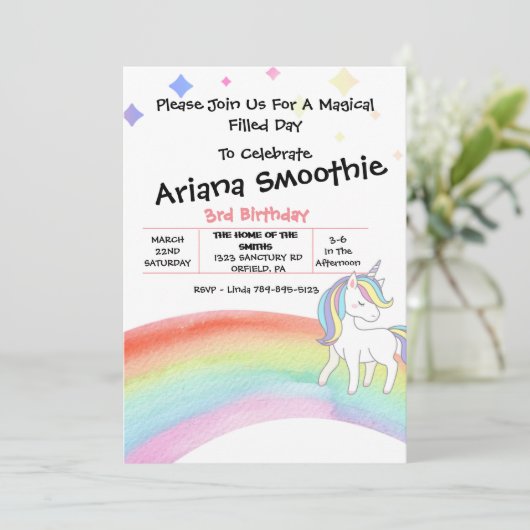 Invitation Anniversaire Magique Rainbow Unicorn (Debout devant)