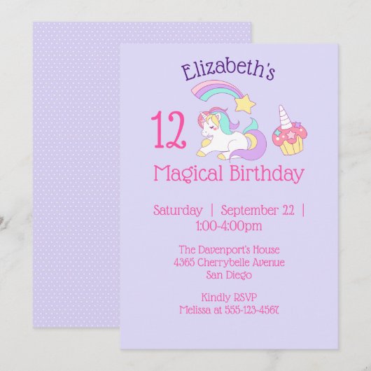 Invitation Anniversaire magique Unicorn et Cupcake Party (Devant / Derrière)