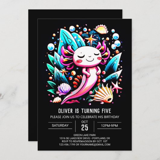 Invitation Anniversaire magnifique Axolotl (Devant / Derrière)