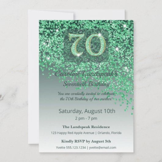Invitation Anniversaire majestueux de 70 ans, paillettes vert (Devant)