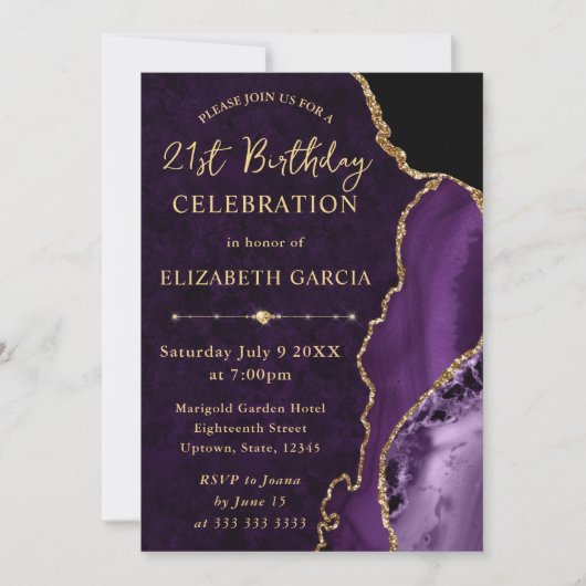 Invitation Anniversaire Marbre et Agate Paillettes Violet et (Devant)