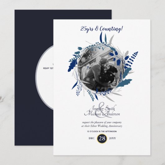 Invitation Anniversaire Mariage moderne PHOTO Blue Wreath (Devant / Derrière)