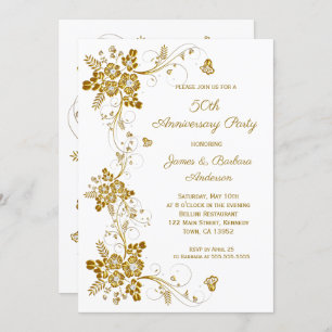 Invitation Anniversaire mariage Or diamant floral blanc