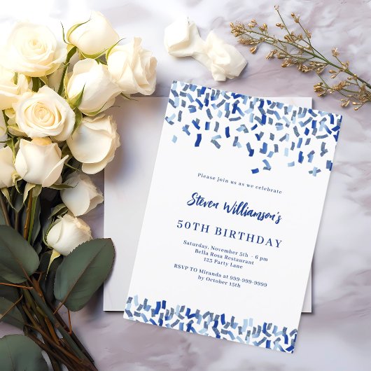 Invitation Anniversaire marine bleu blanc confetti homme gars