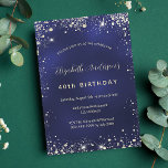 Invitation Anniversaire marine bleu or parties scintillant lu<br><div class="desc">Un arrière - plan bleu marine,  décoré de parties scintillant d'or imitation clair,  brille. La couleur bleue est inégale. Personnalisez et ajoutez votre nom et vos détails. Le nom est écrit avec un script de style moderne écrit à la main.</div>