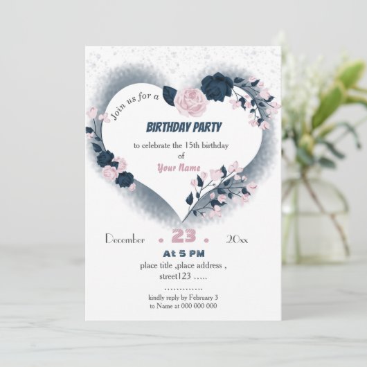 Invitation anniversaire marine et coeur rose floral (Debout devant)