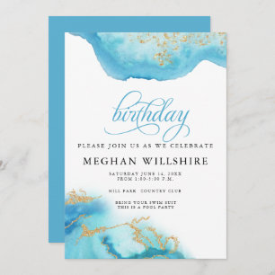 Invitation Anniversaire Mars Aquamarine Watercolor Geode