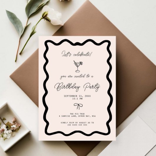 Invitation Anniversaire martini bordure cursive fantaisiste