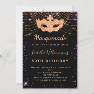 Invitation Anniversaire Masquerade parties scintillant violet