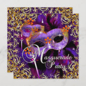 Invitation Anniversaire Masquerade violet orange or (Devant / Derrière)