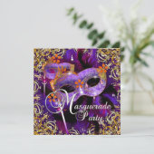 Invitation Anniversaire Masquerade violet orange or (Debout devant)