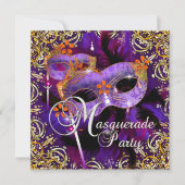 Invitation Anniversaire Masquerade violet orange or (Devant)