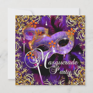Invitation Anniversaire Masquerade violet orange or