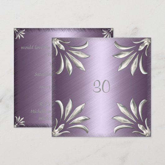 Invitation Anniversaire Mauve avec Argent Floral (Devant / Derrière)