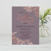 Invitation Anniversaire mauve pourpre floral d'or rose (Debout devant)