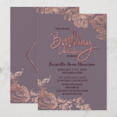 Invitation Anniversaire mauve pourpre floral d'or rose (Devant / Derrière)