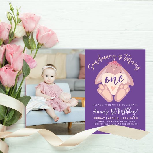 Invitation Anniversaire mignon Bunny Coeur pourpre Photo