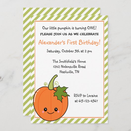 Invitation Anniversaire mignon de citrouille (Devant / Derrière)