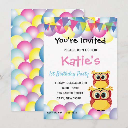 Invitation Anniversaire mignon de hibou de bébé d'enfants (Devant / Derrière)