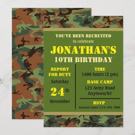 Invitation Anniversaire Militaire Tout Âge (Devant / Derrière)