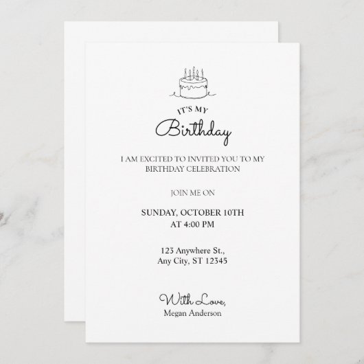 Invitation Anniversaire minimaliste simple (Devant / Derrière)