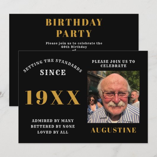 Invitation Anniversaire Modèle photo Elegant Chic Black Gold (Devant / Derrière)