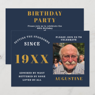Invitation Anniversaire Modèle photo Elegant Chic Blue Gold
