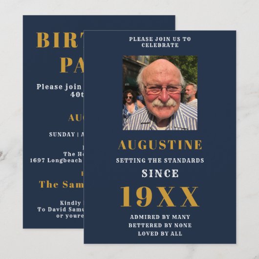 Invitation Anniversaire Modèle photo Elegant Chic Blue Gold (Devant / Derrière)