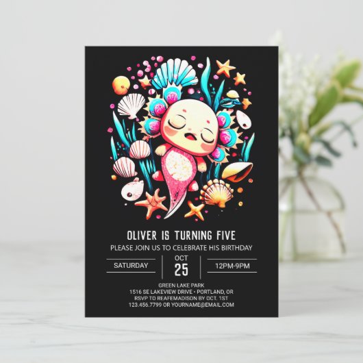 Invitation Anniversaire moderne Axolotl imprimable (Debout devant)