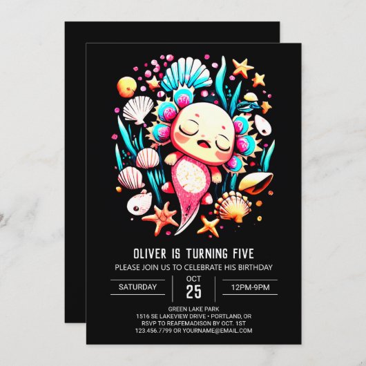 Invitation Anniversaire moderne Axolotl imprimable (Devant / Derrière)