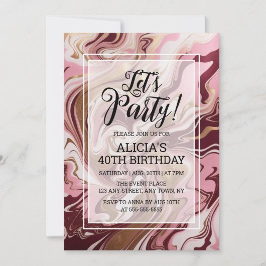 Invitation Anniversaire moderne de marbre rose bordeaux doré (Devant)