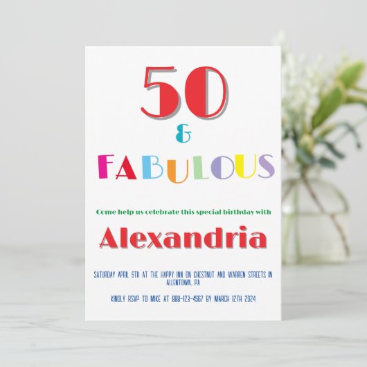 Invitation anniversaire moderne et colorée 50 ans (Debout devant)